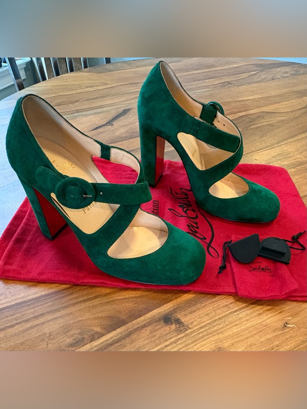 Christian Louboutin Emerald Green Suede Mary Jane Heels